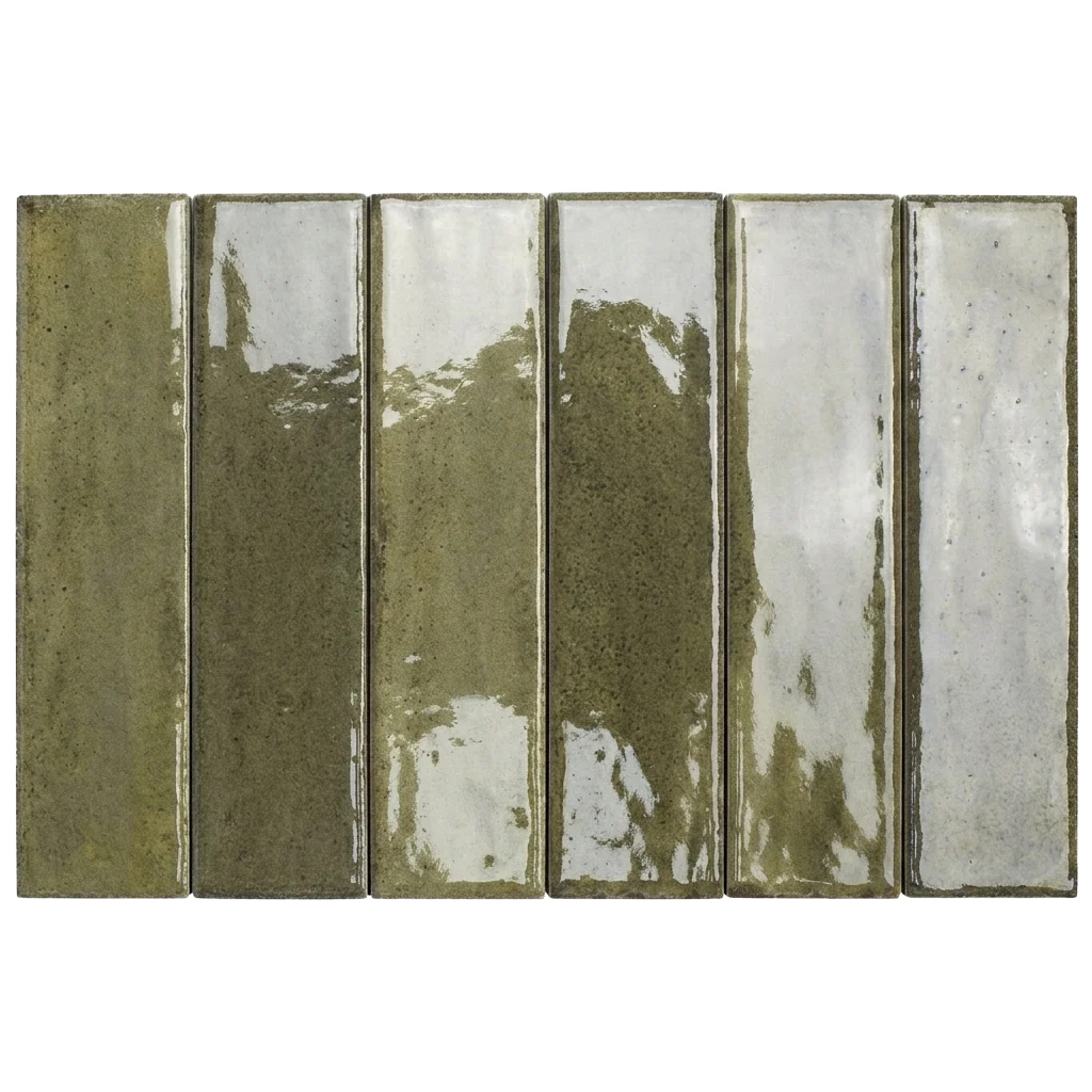 Six rectangular glossy ceramic subway tiles in a vertical stacked arrangement, featuring a mottled glaze of olive green, gray, and white.