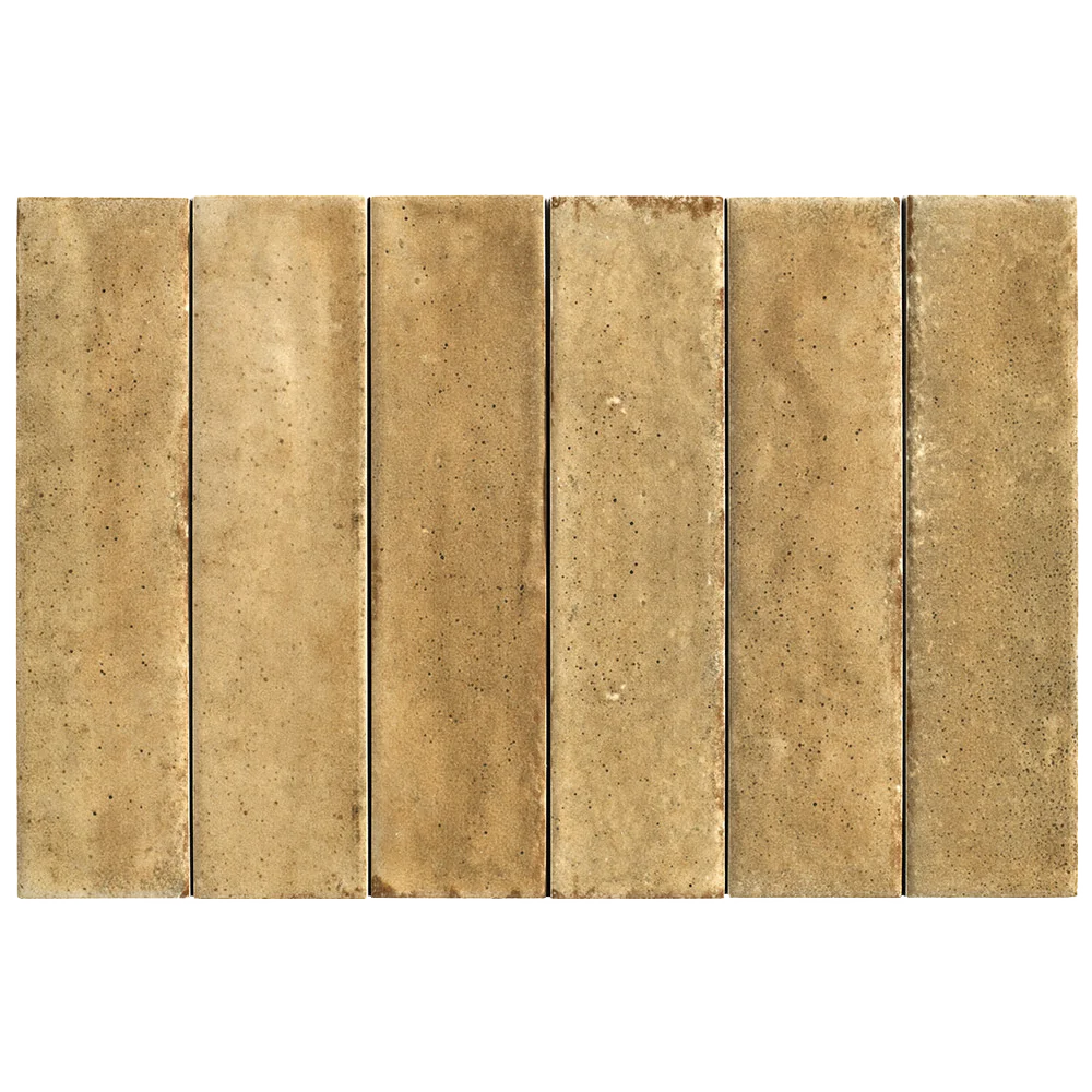 Six rectangular stone-look tiles in a warm sandy beige color with subtle natural speckling, arranged side-by-side on a white background.