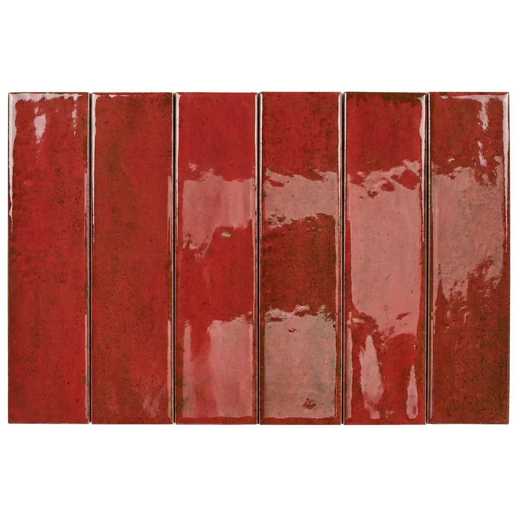 Six glossy rectangular ceramic subway tiles in a textured red glaze, arranged side-by-side against a plain white background.