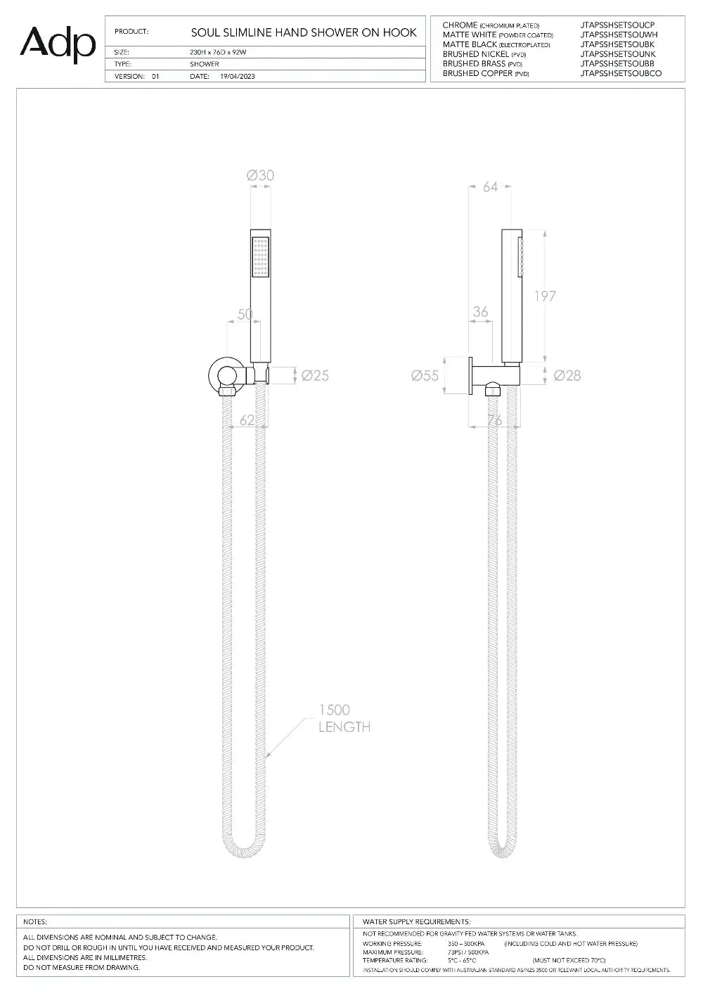 Soul Slimline Hand Shower On Hook Matte White - ADP | Tile Supplier Sydney