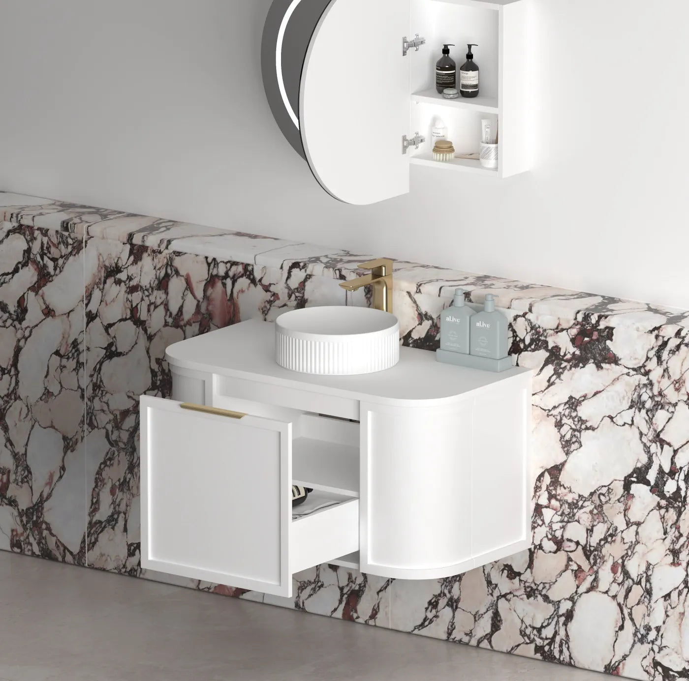 Hampshire Satin White Stone Top Single Basin Curve Vanity - Otti | Tile Supplier Sydney