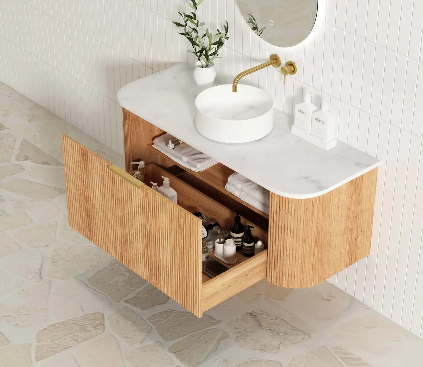 Bondi Woodland Oak Fluted Curved Single Basin Vanity - Otti | Tile Supplier Sydney