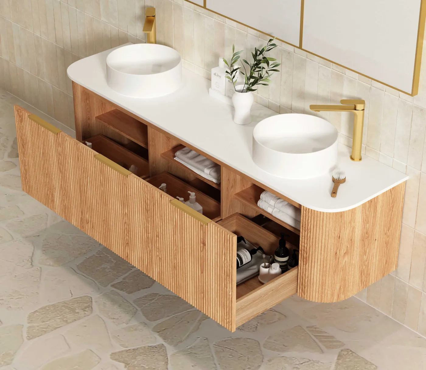 Bondi Woodland Oak Fluted Curved Double Basin Vanity - Otti | Tile Supplier Sydney