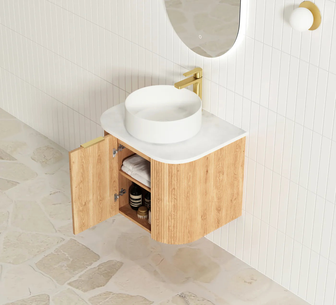 Bondi Woodland Oak Fluted Curved Single Basin Vanity - Otti | Tile Supplier Sydney
