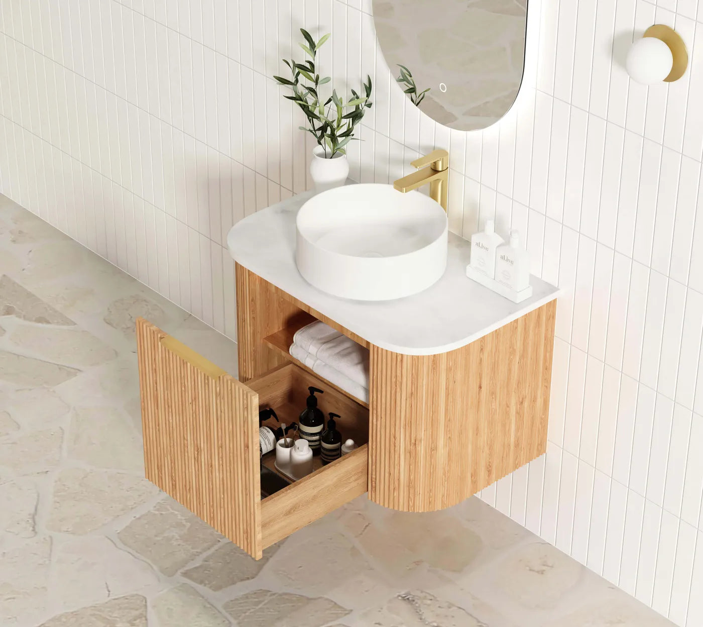 Bondi Woodland Oak Fluted Curved Single Basin Vanity - Otti | Tile Supplier Sydney