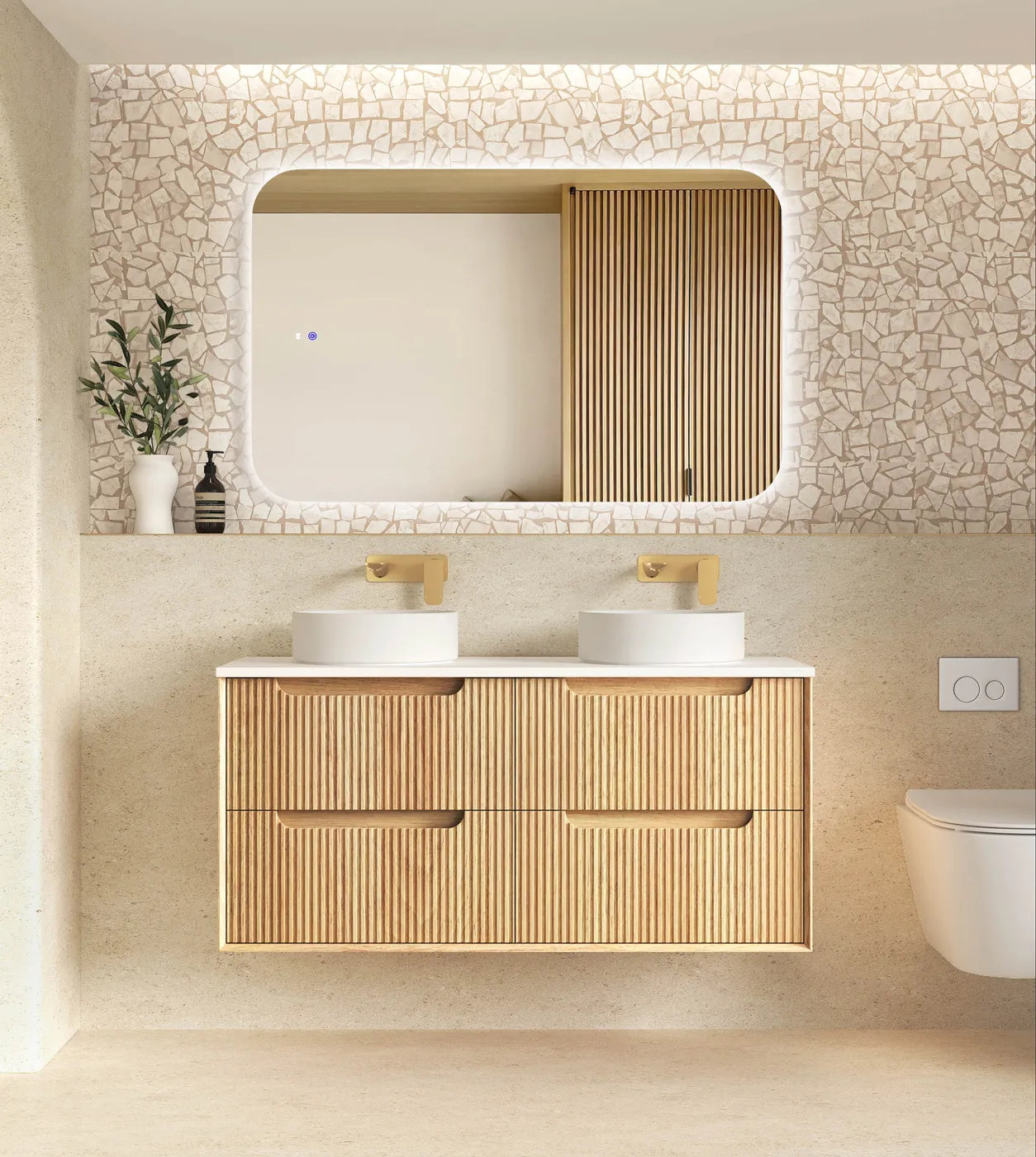 Byron Fluted Woodland Oak Stone Top Double Basin Vanity 1200mm - Otti | Tile Supplier Sydney