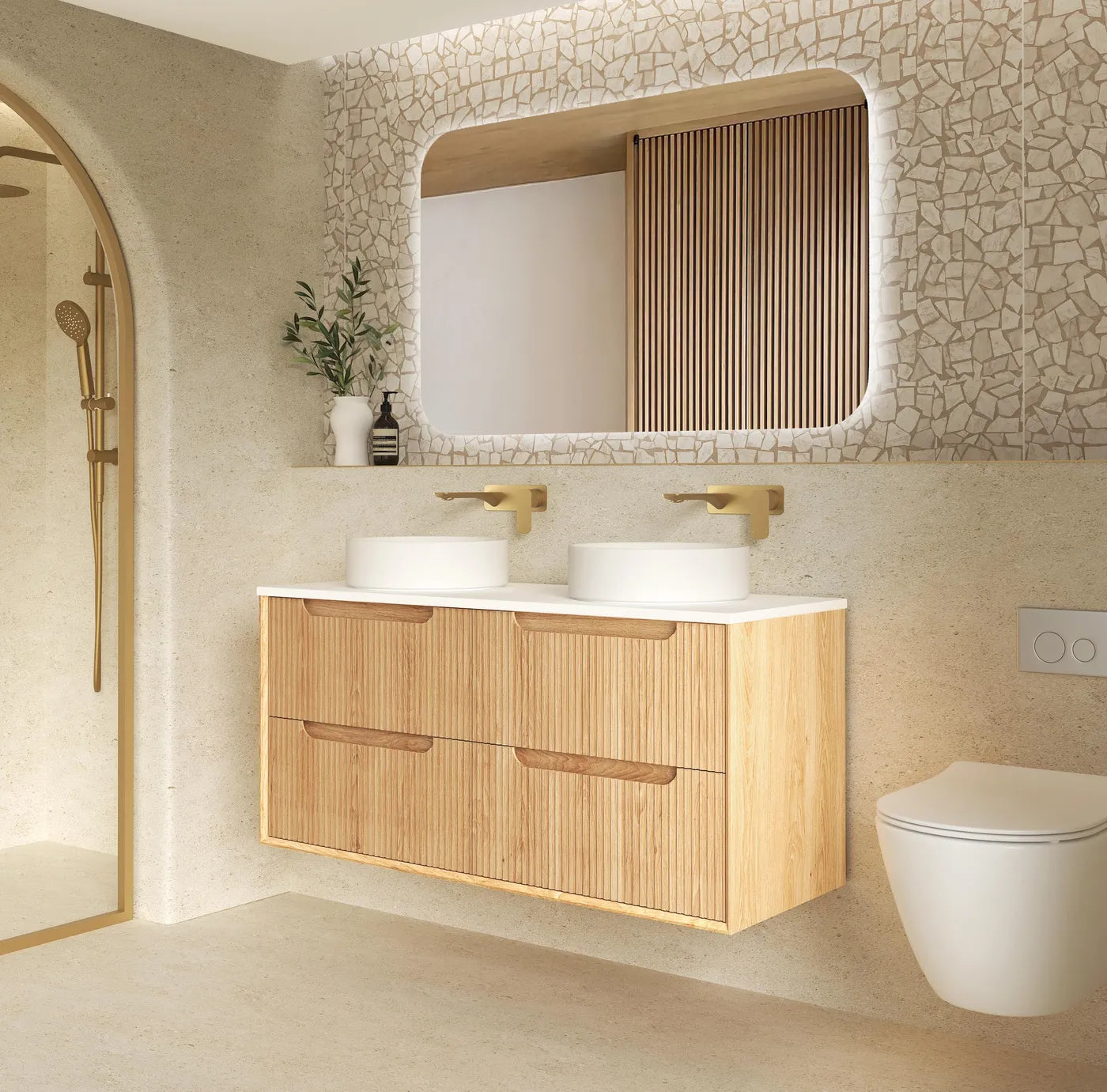 Byron Fluted Woodland Oak Stone Top Double Basin Vanity - Otti | Tile Supplier Sydney