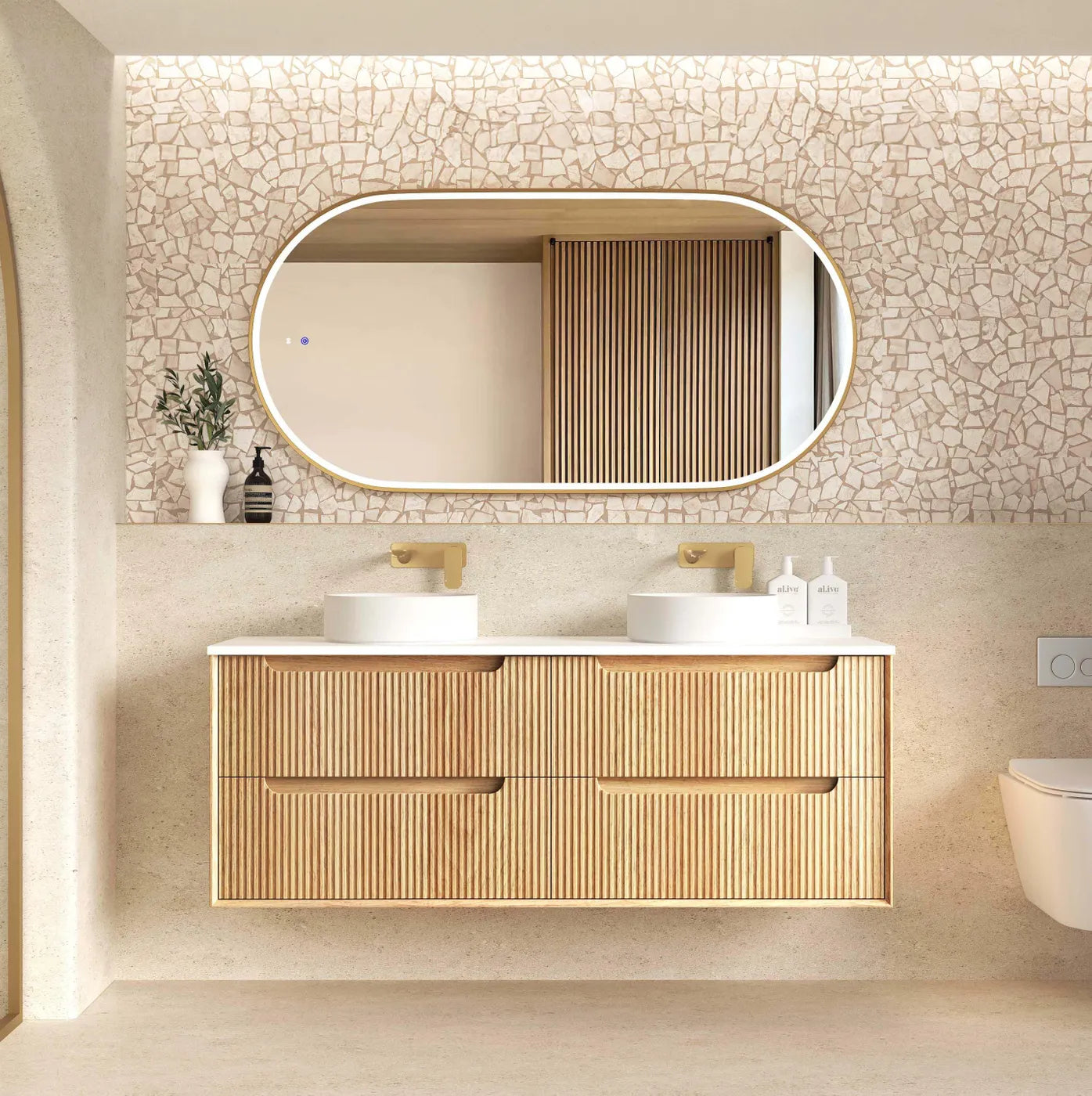 Byron Fluted Woodland Oak Stone Top Double Basin Vanity 1500mm - Otti | Tile Supplier Sydney