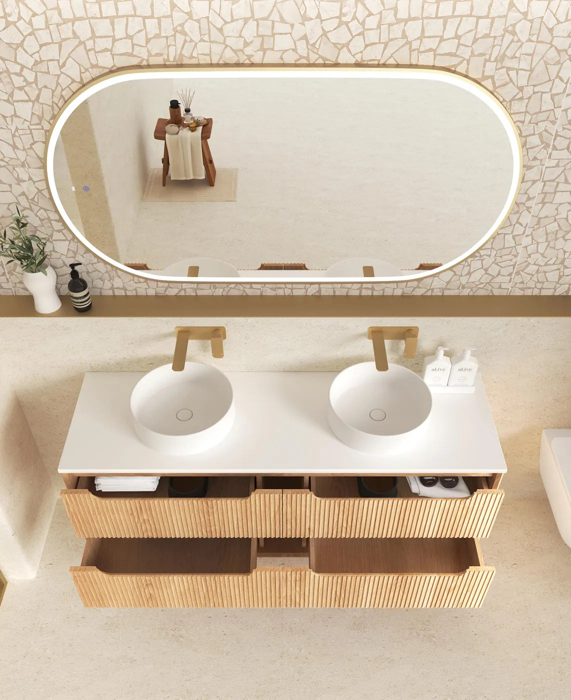 Byron Fluted Woodland Oak Stone Top Double Basin Vanity - Otti | Tile Supplier Sydney
