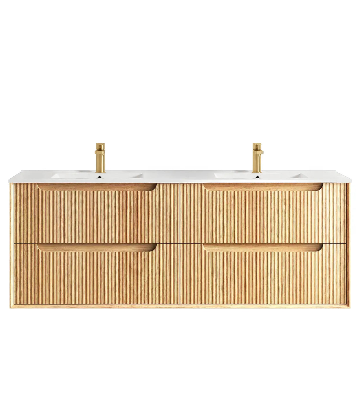 Byron Fluted Woodland Oak Ceramic Top Double Basin Vanity 1500mm - Otti | Tile Supplier Sydney