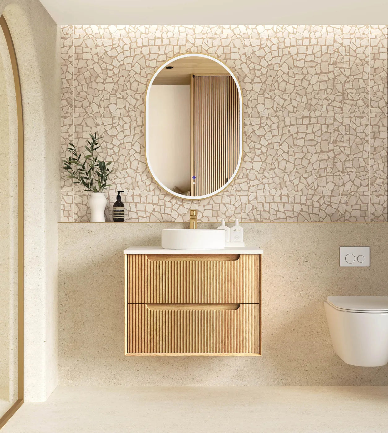 Byron Fluted Woodland Oak Stone Top Single Basin Vanity 750mm - Otti | Tile Supplier Sydney