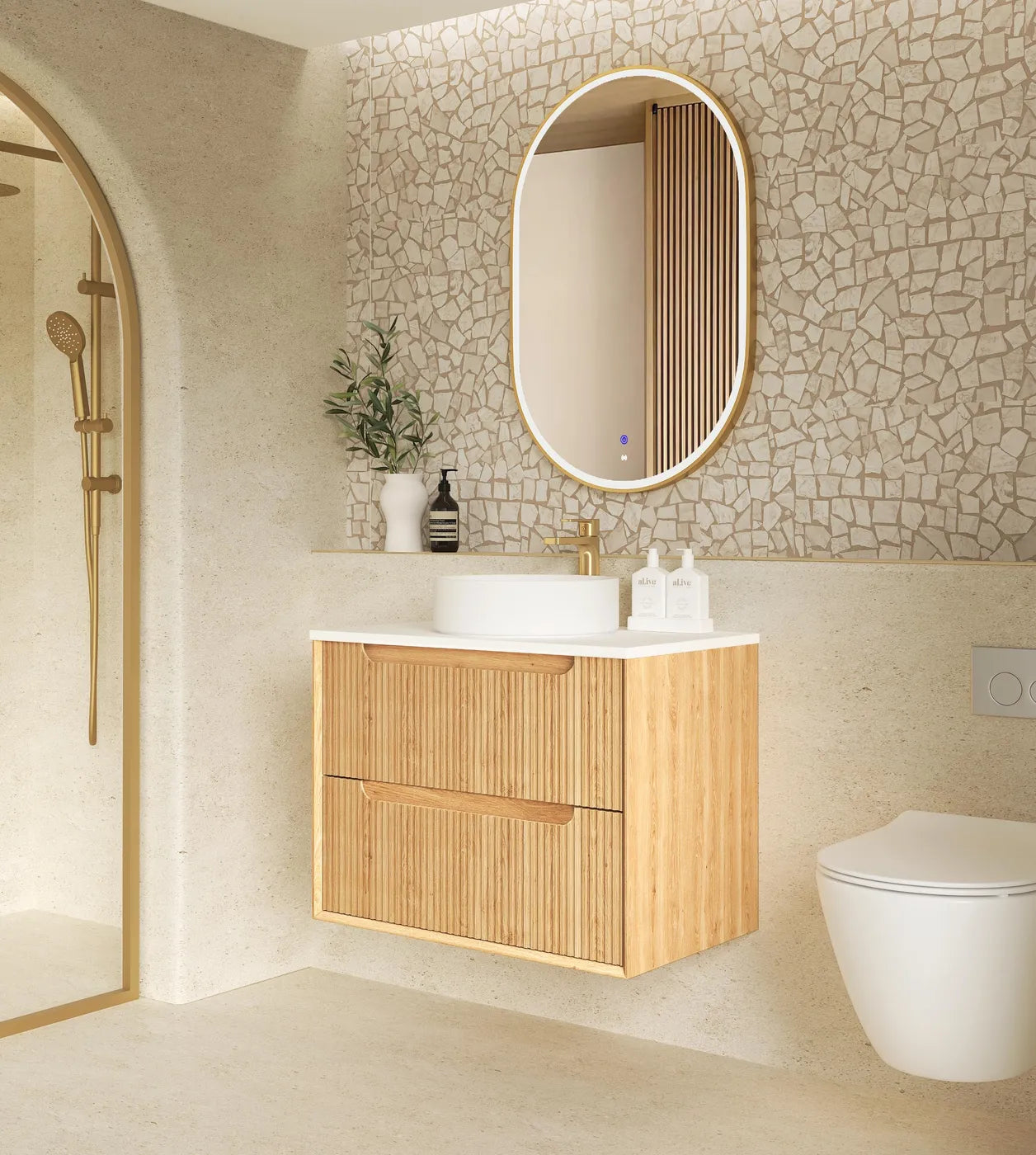 Byron Fluted Woodland Oak Stone Top Single Basin Vanity - Otti | Tile Supplier Sydney
