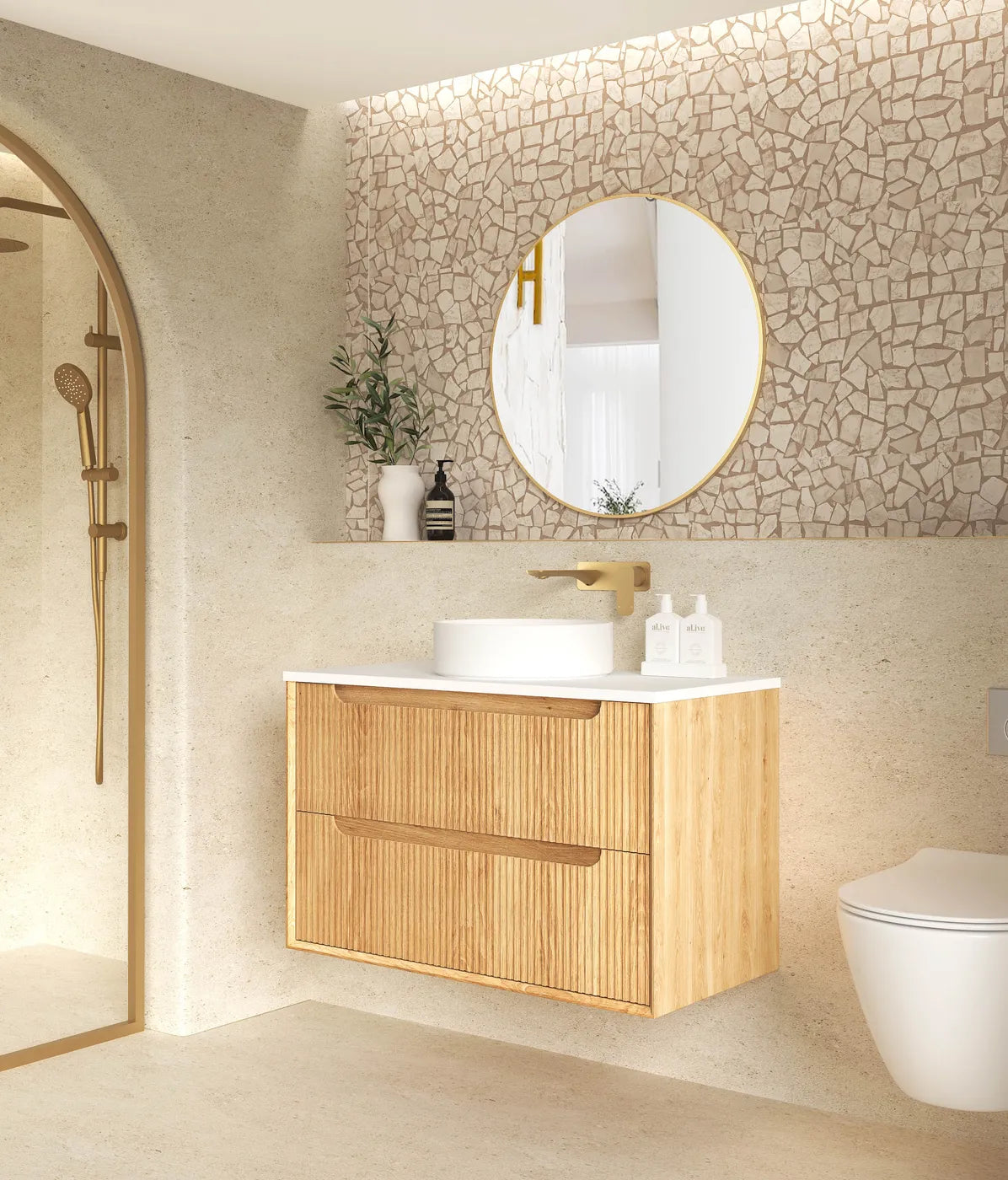 Byron Fluted Woodland Oak Stone Top Single Basin Vanity - Otti | Tile Supplier Sydney