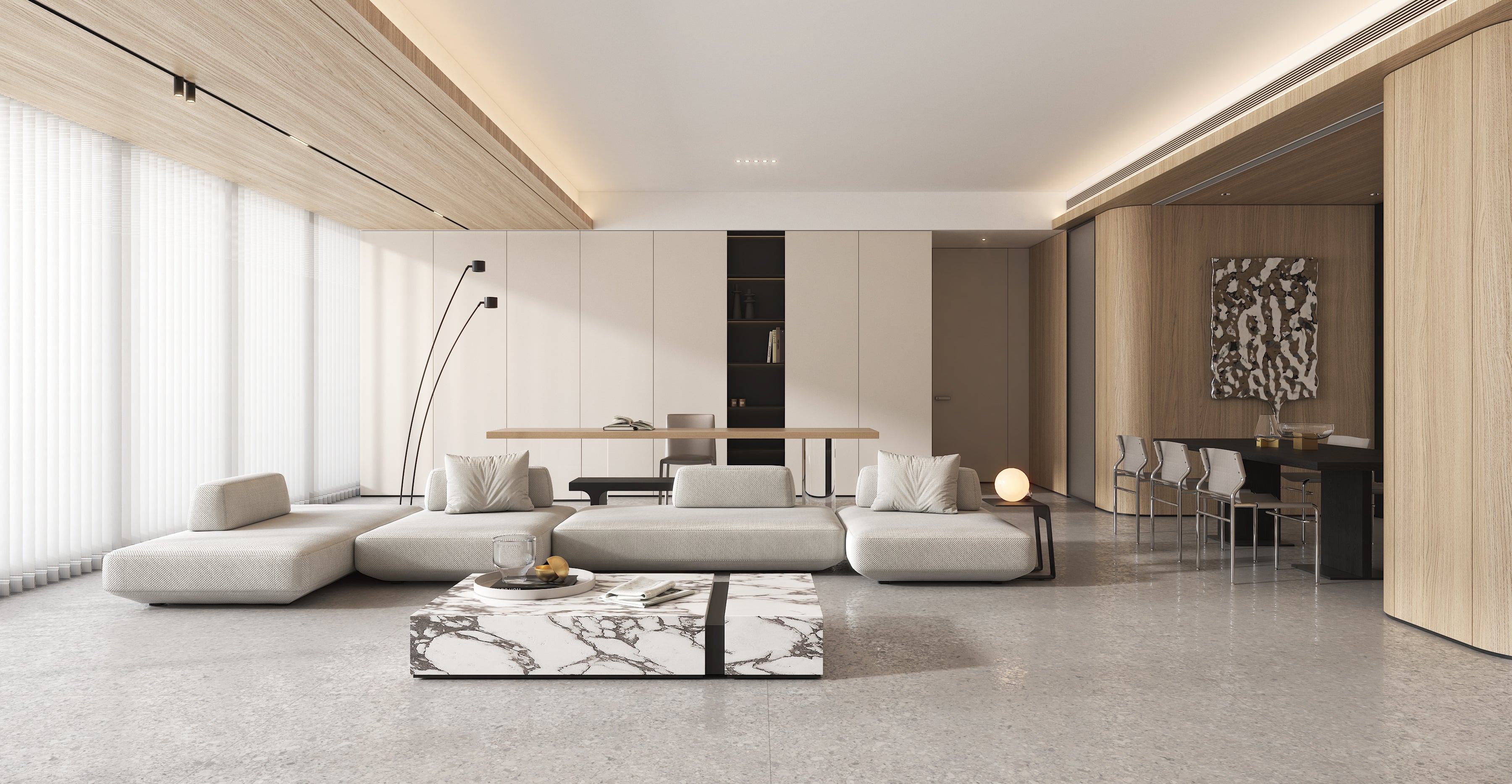 Room featuring floor tiles and architectural panels