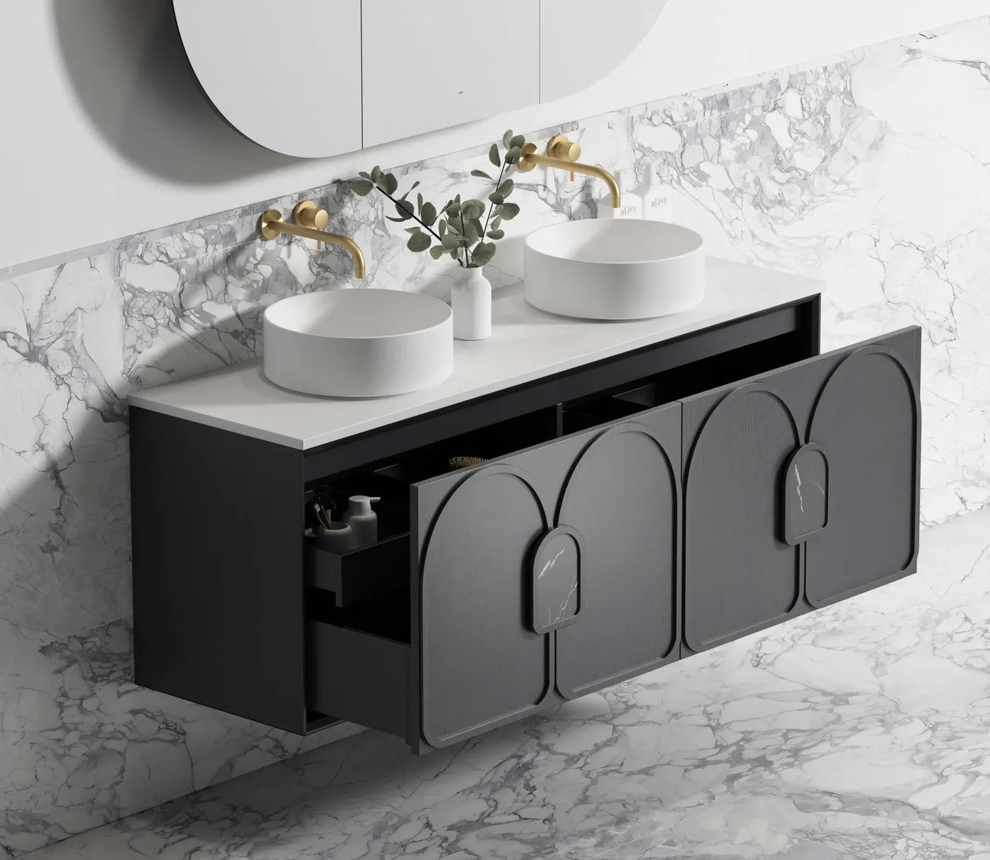 Laguna American Black Oak Stone Top Double Basin Vanity - Otti | Tile Supplier Sydney