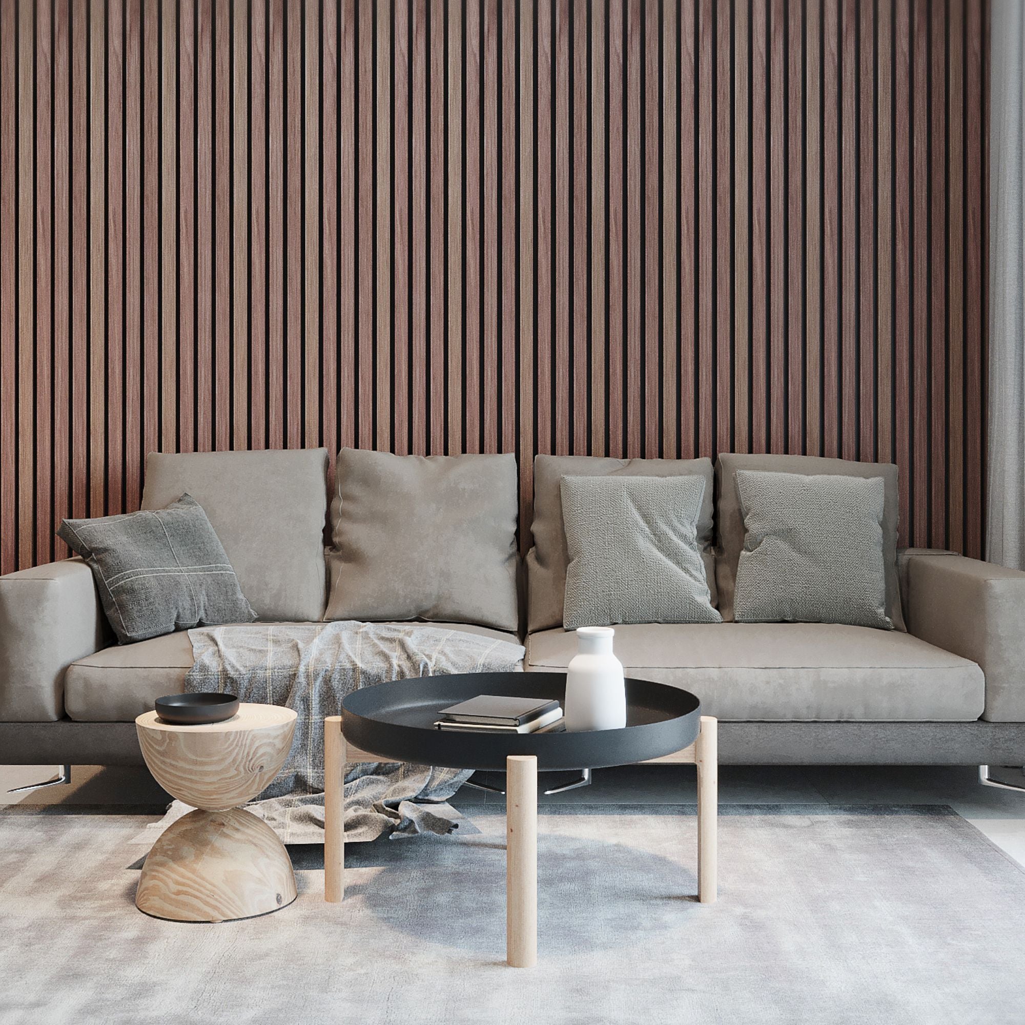 Living room lined with decorative timber acoustic wall panels
