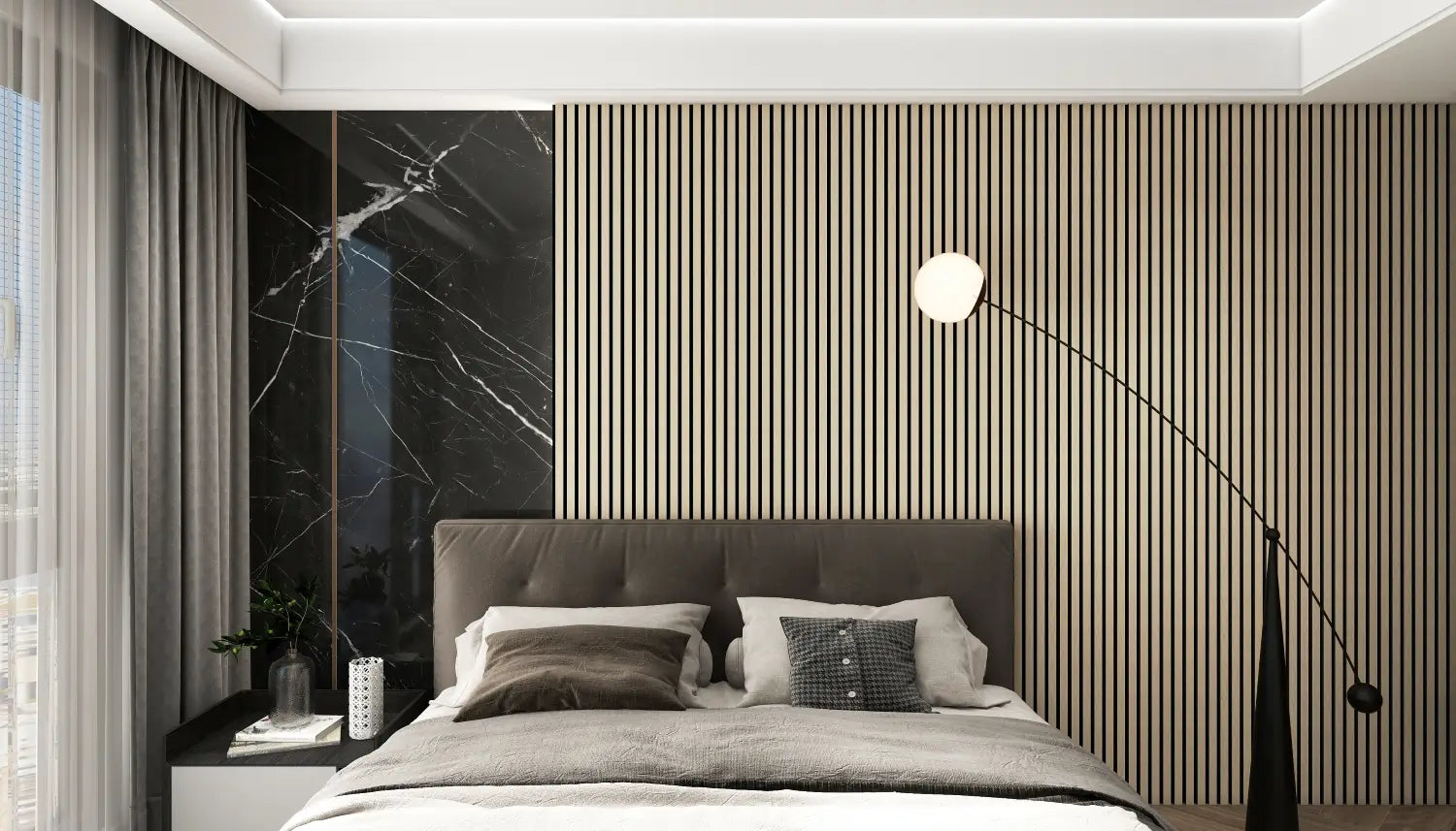 Linear slatted acoustic panel with even spacing and black backing