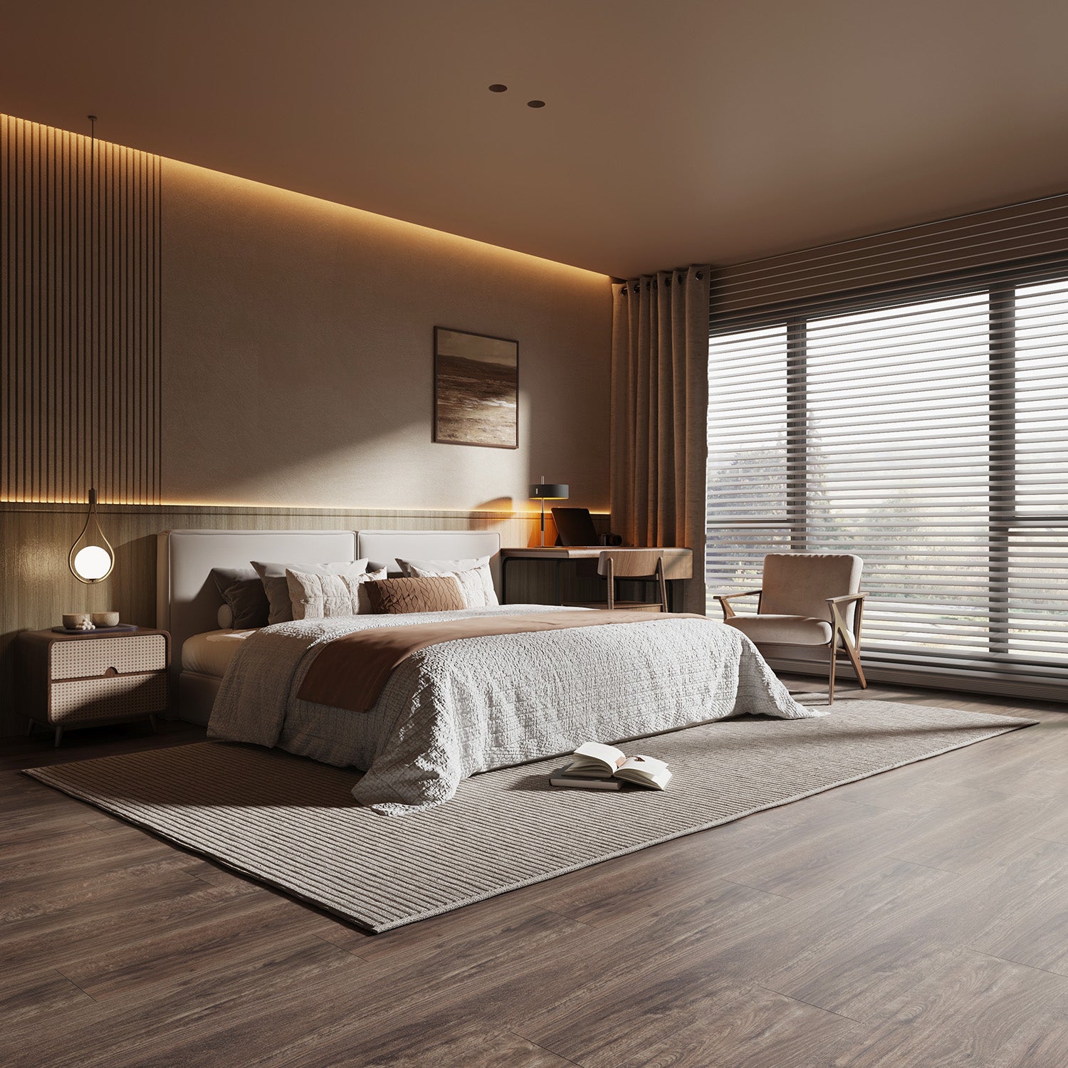 Bedroom showing flat and batten architectural wall panels.