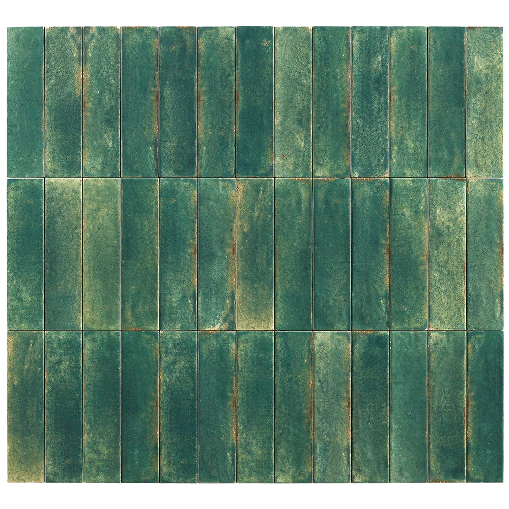 A square arrangement of rectangular green mosaic tiles with a distressed, textured finish showing variations in teal, forest green, and subtle brown undertones.