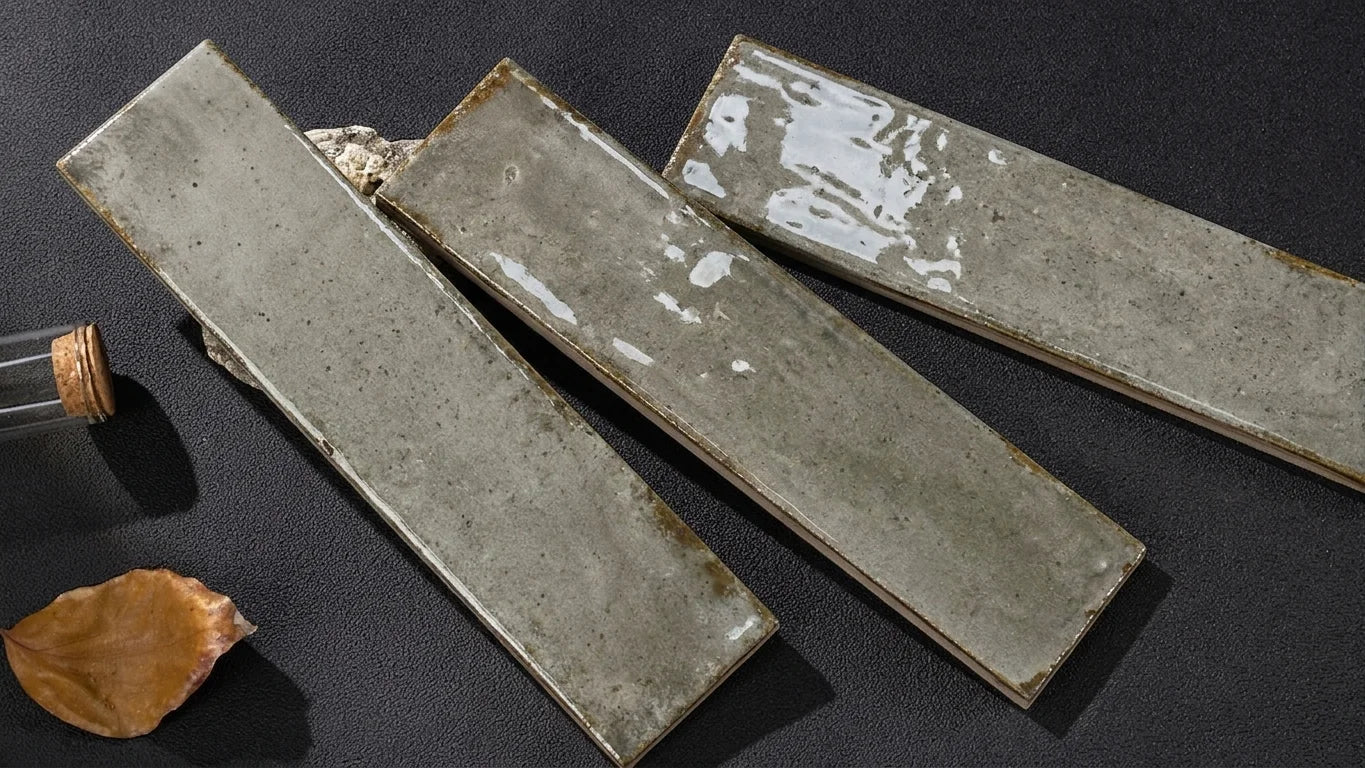 Three rectangular ceramic tiles with a textured, distressed gray finish and glossy white glaze accents, arranged diagonally on a dark textured surface.