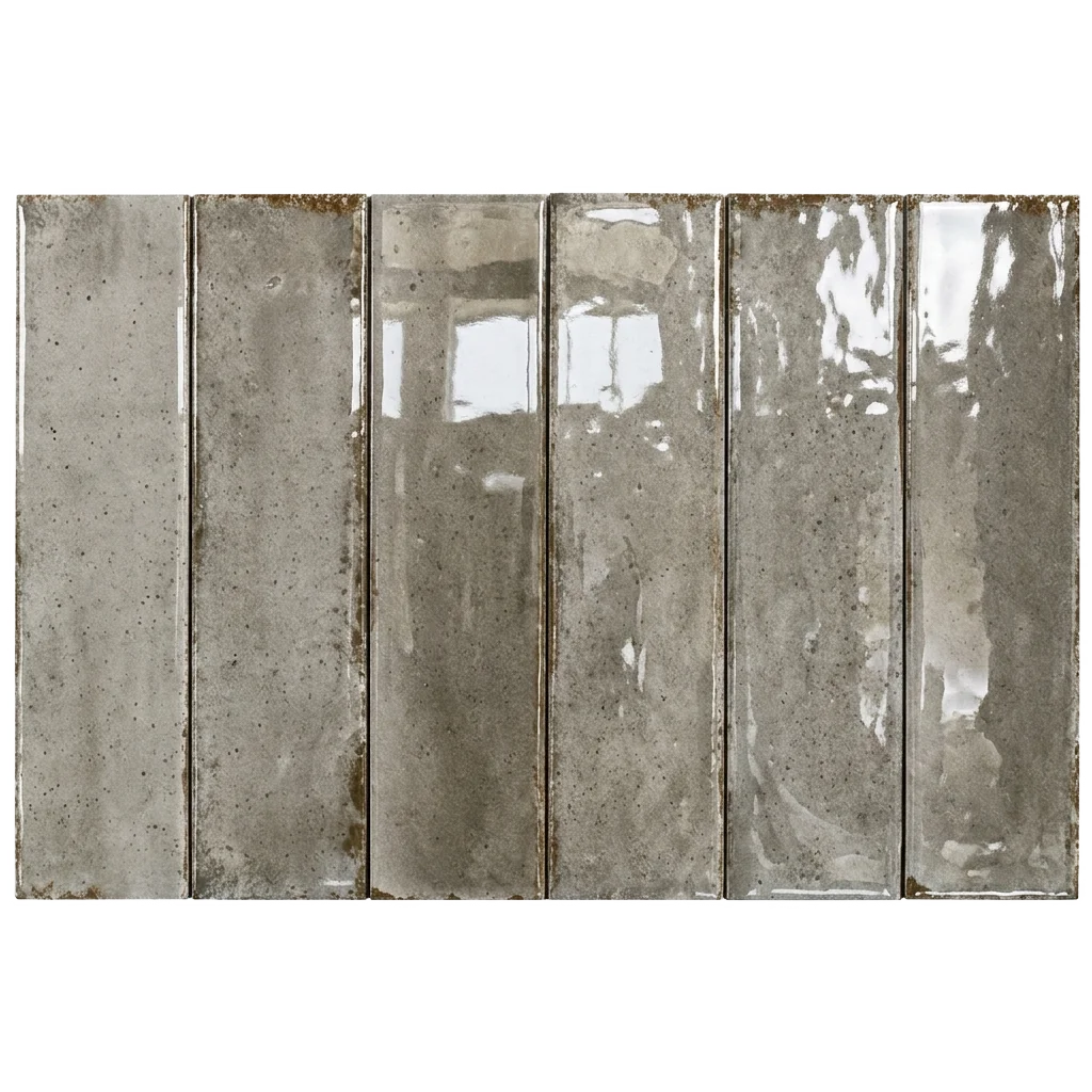 Six rectangular glossy glass tiles in a vertical seam pattern, featuring a textured gray and white finish with subtle warm brown speckles, shown on a plain white background.