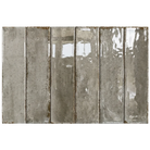 Six rectangular glossy glass tiles in a vertical seam pattern, featuring a textured gray and white finish with subtle warm brown speckles, shown on a plain white background.