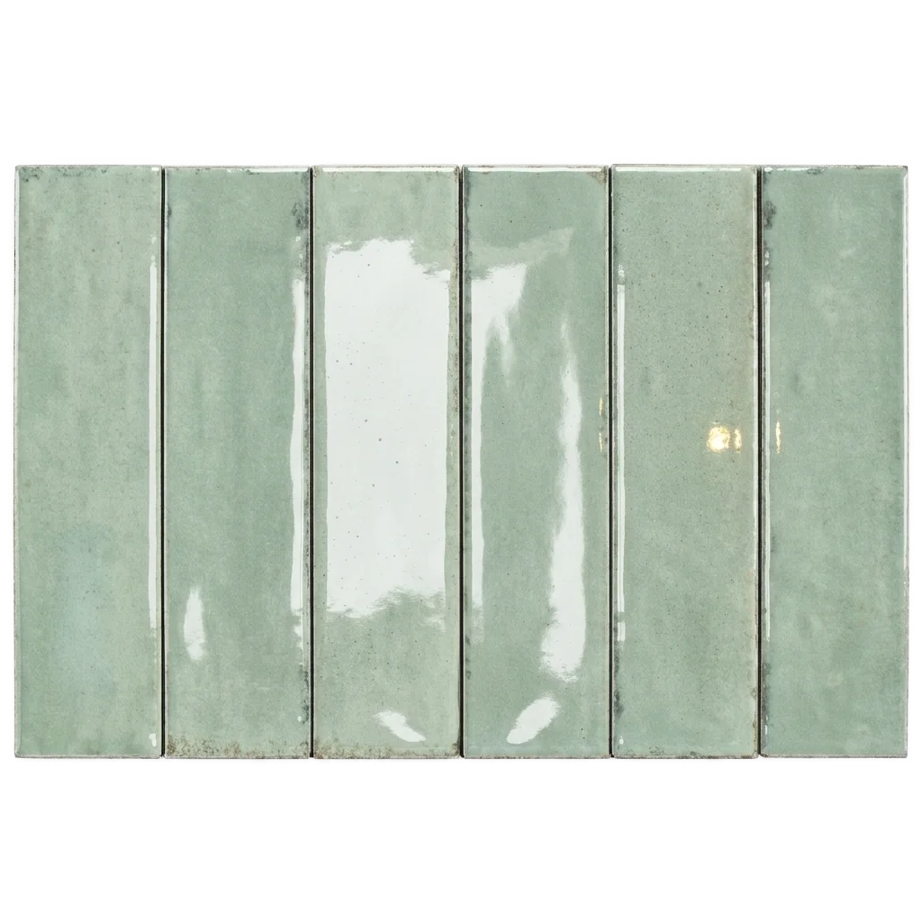 Six vertical rectangular ceramic tiles in a glossy sage green glaze, arranged side-by-side against a plain white background.