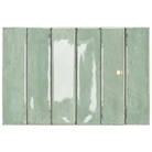 Six vertical rectangular ceramic tiles in a glossy sage green glaze, arranged side-by-side against a plain white background.