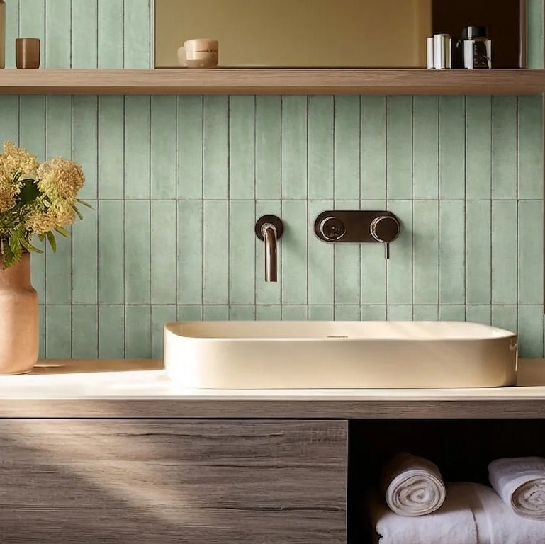A modern bathroom vanity setup with a light wood countertop, a cream vessel sink, a green tiled backsplash, and a vase of cream flowers on the counter.