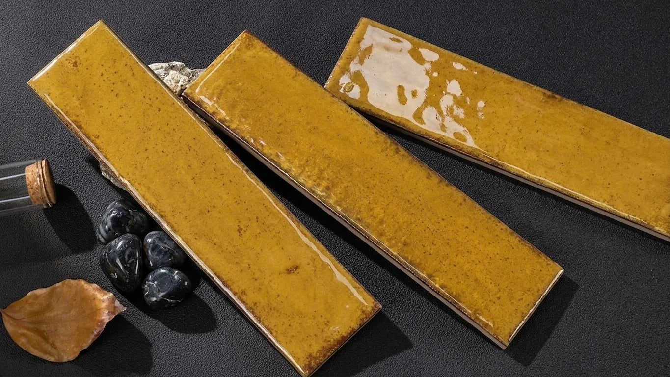 Three rectangular glossy ceramic tiles in a mustard yellow glaze with brown speckles, arranged diagonally on a dark textured surface with small decorative props.