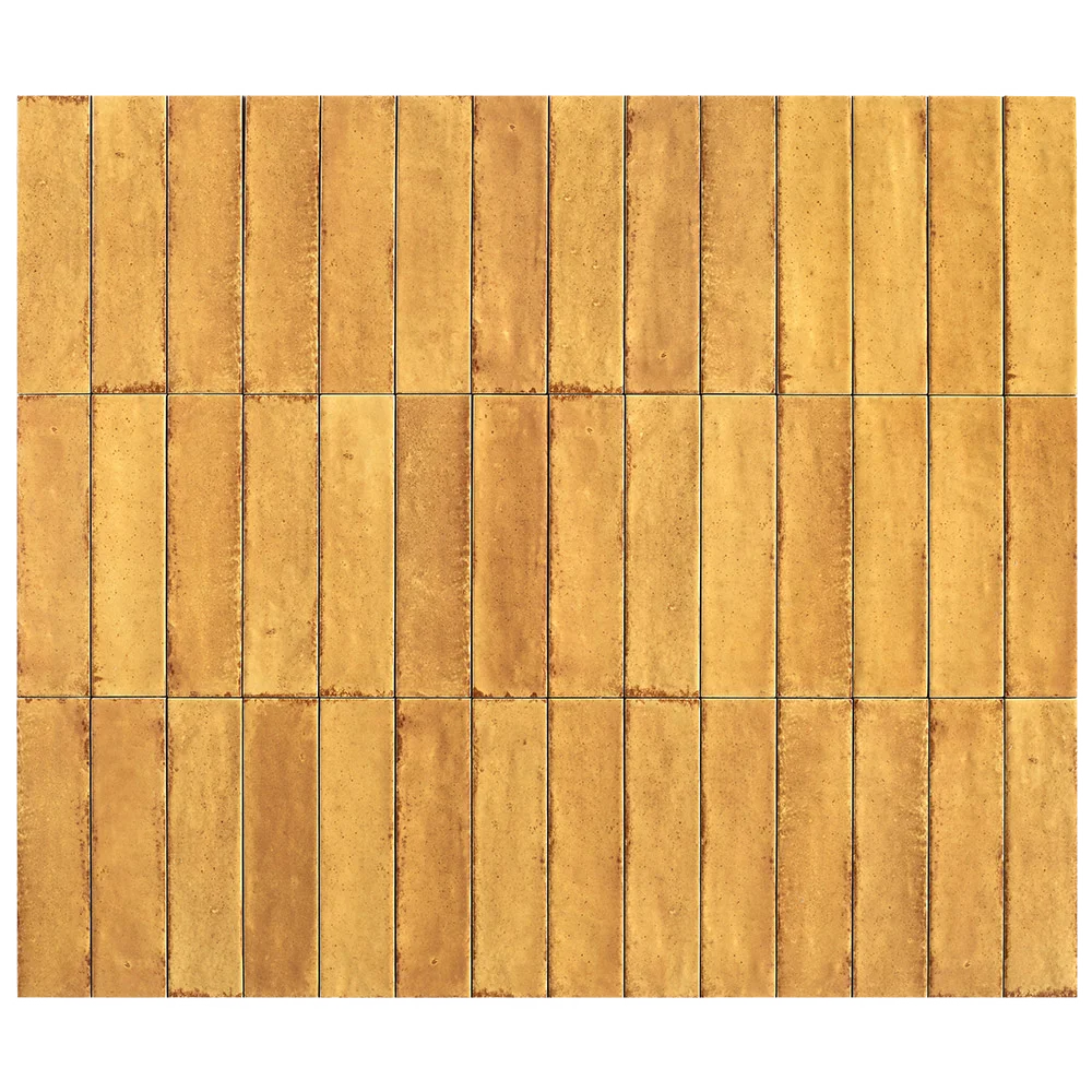 A square sample of warm golden-brown wood-look tiles arranged in a grid pattern, showing a textured finish with light grout lines.