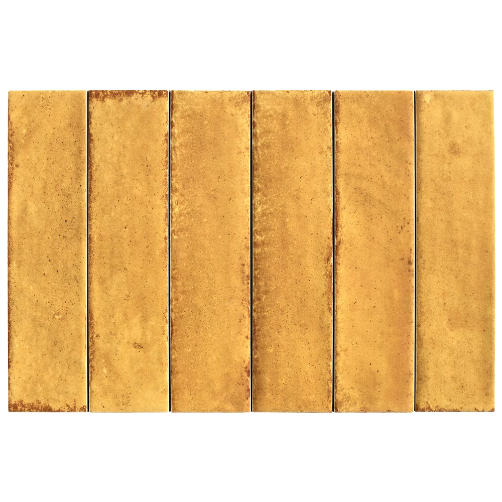 Six rectangular textured tiles in a warm golden yellow color with subtle brown speckling and distressed edges, arranged side-by-side on a white background.