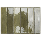 Six rectangular glossy ceramic subway tiles in a vertical stacked arrangement, featuring a mottled glaze of olive green, gray, and white.