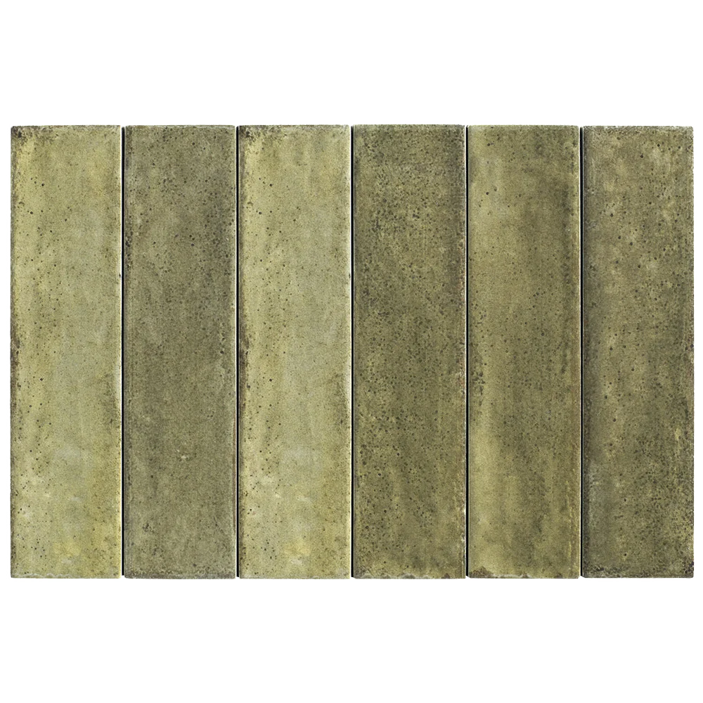 Six rectangular stone-look tiles in varying shades of olive green and beige, arranged side-by-side on a plain white background.