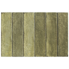 Six rectangular stone-look tiles in varying shades of olive green and beige, arranged side-by-side on a plain white background.