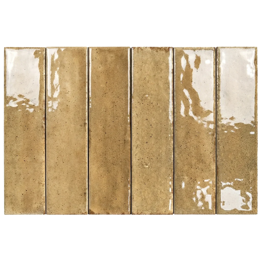 Six vertical rectangular ceramic subway tiles in a warm sandy beige color with glossy glaze variations and subtle speckling, arranged side-by-side on a white background.