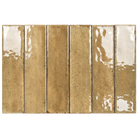 Six vertical rectangular ceramic subway tiles in a warm sandy beige color with glossy glaze variations and subtle speckling, arranged side-by-side on a white background.