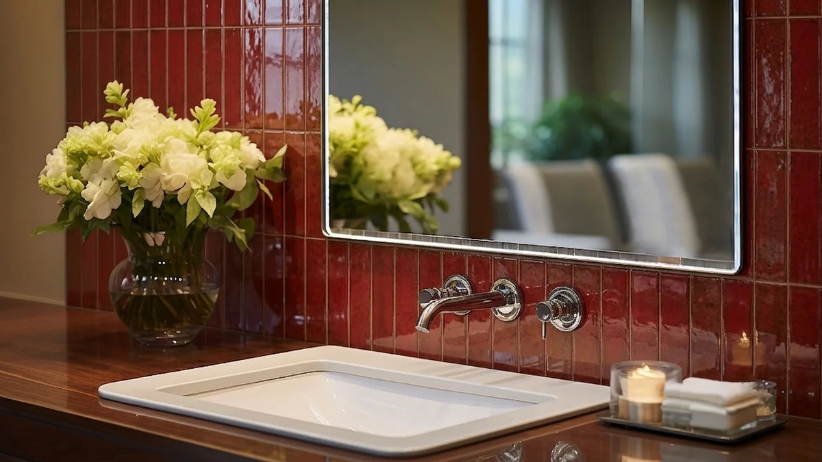 A modern bathroom vanity setup featuring a white rectangular sink, a chrome wall-mounted faucet, a large mirror, and a glossy red tiled backsplash. A glass vase of white flowers sits on the dark wood countertop, with a folded stack of white towels and a small lit candle on a tray to the right.