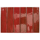 Six glossy rectangular ceramic subway tiles in a textured red glaze, arranged side-by-side against a plain white background.