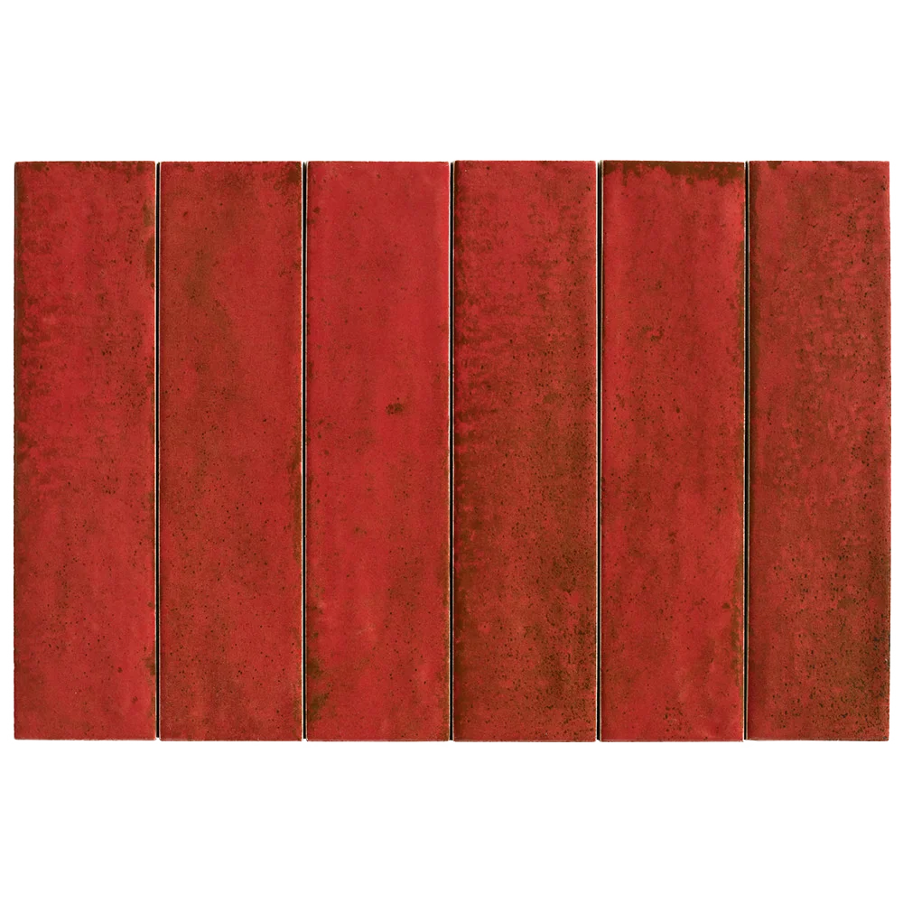 Six rectangular red textured tiles arranged side-by-side on a plain white background.