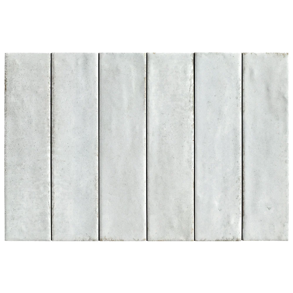 Six vertical rectangular stone slabs in a light gray to off-white marble-like finish, arranged side by side on a white background.